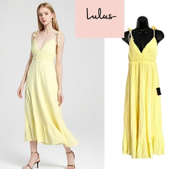 🆕Lulus Light Yellow Smocked Tie-Strap Midi Dress Size Medium NWT Retails $80 - Picture 1 of 9